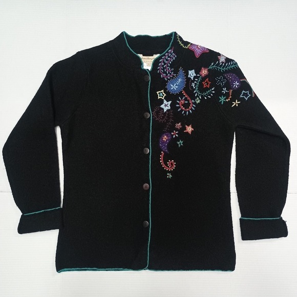 Norm Thompson 100% Wool Black Sweater Cardigan Jacket Embroidery Paisley Small - Picture 1 of 7